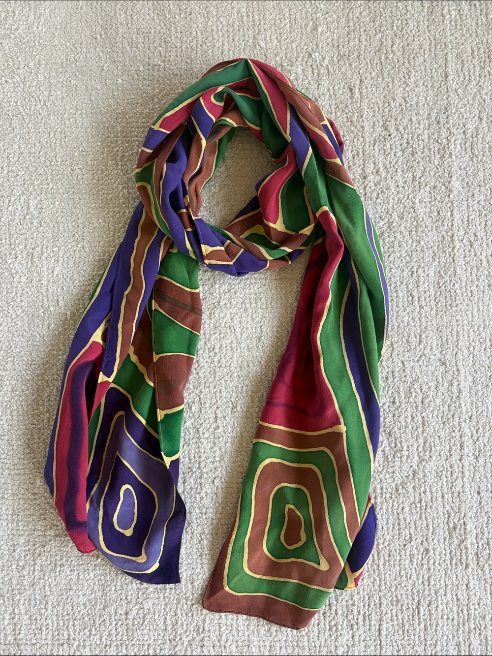 Vintage Abstract Multicolor Geometric Silk Scarf Hand Rolled Hem